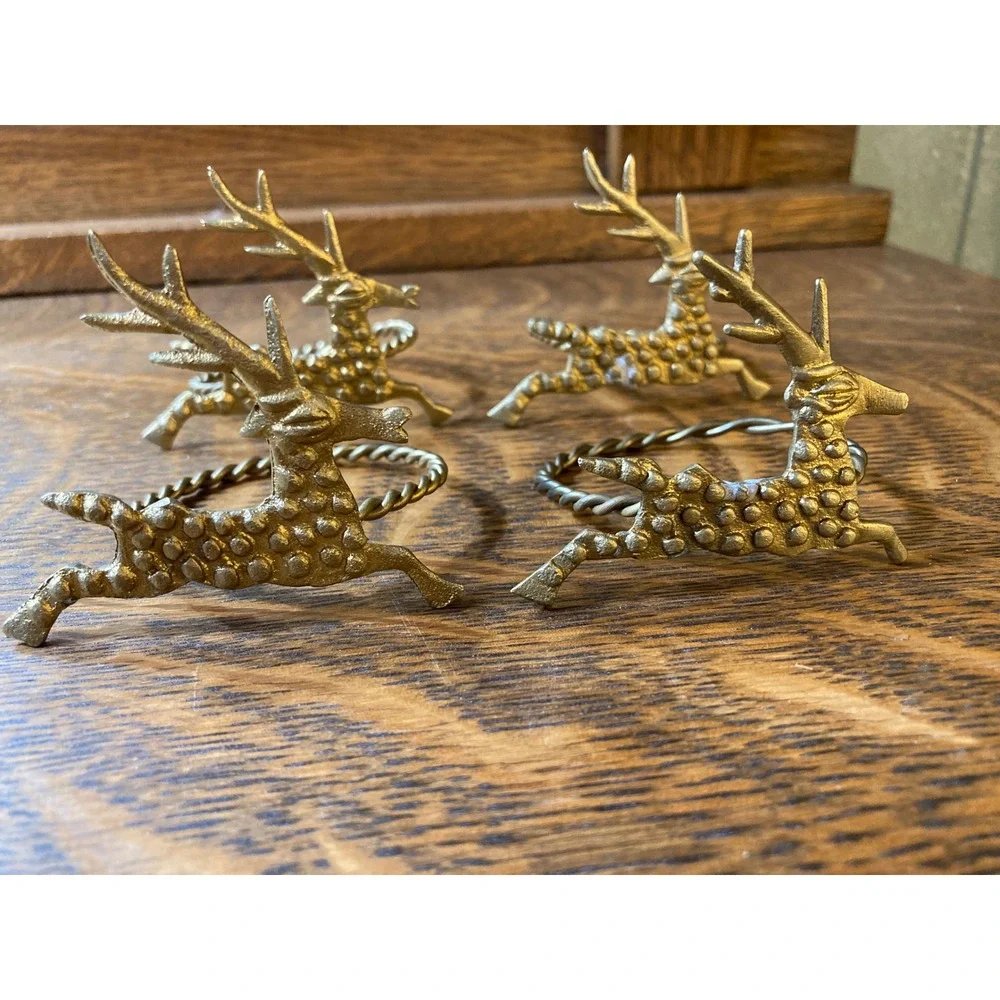Vintage Brass Reindeer Napkin Rings Set of 4 Gold Christmas Stag Holiday Decor